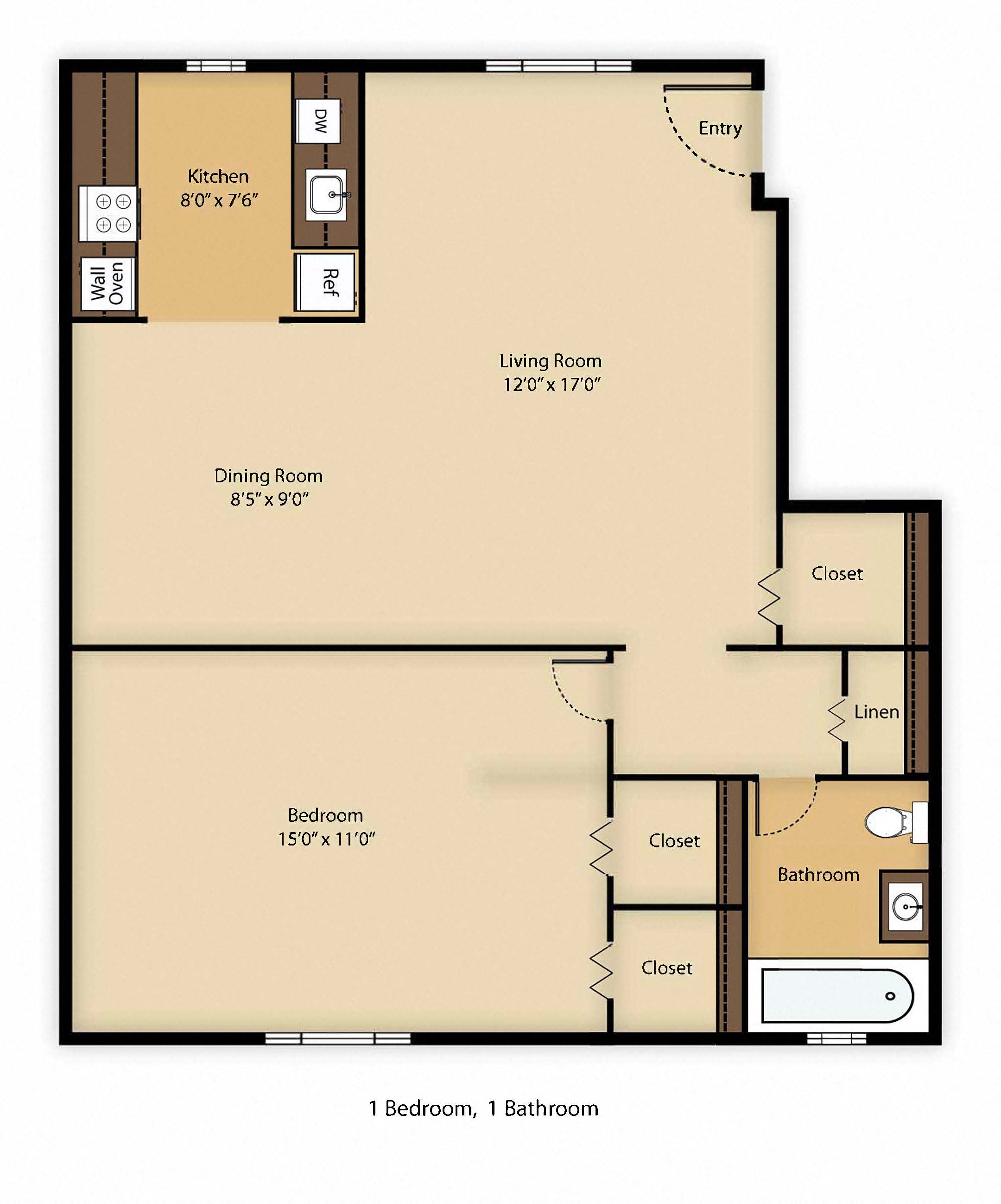 Floor plan for 1 bed, 1 bath, 632 sqft